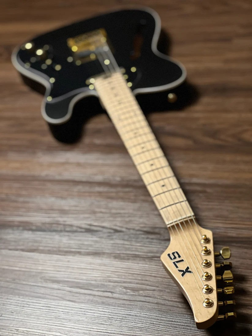 SLX Raven Thinline Deluxe in Black Satin with Maple FB and Gold Hardware (Launch Price)