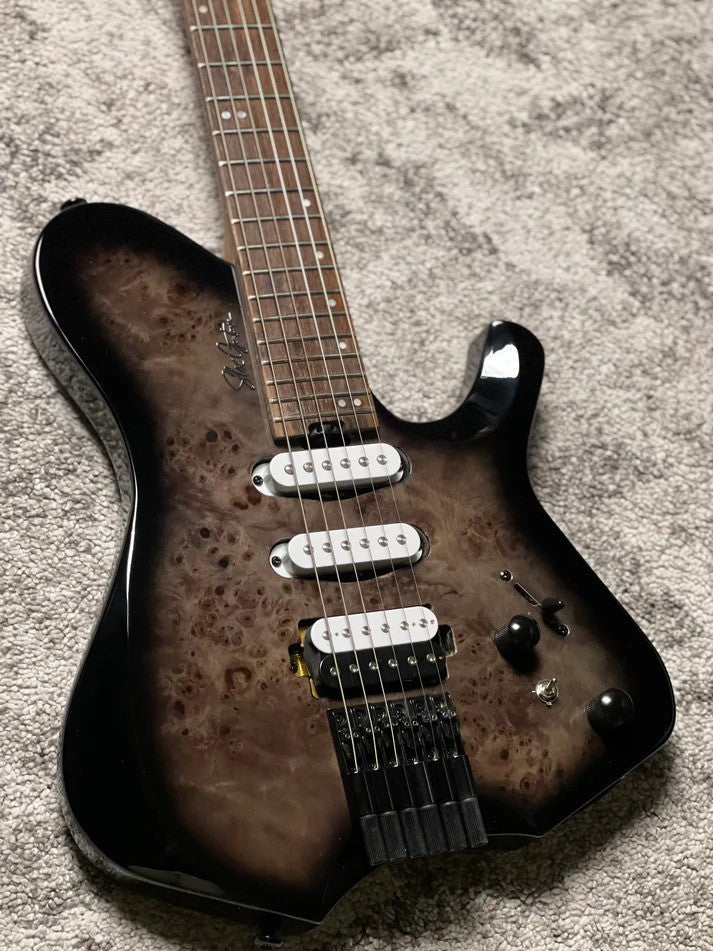 SLX Raptor Model B Headless with Flame Top in Charcoal Black Burst